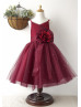 Burgundy Pleated Tulle Stunning Flower Girl Dress With Flower Sash